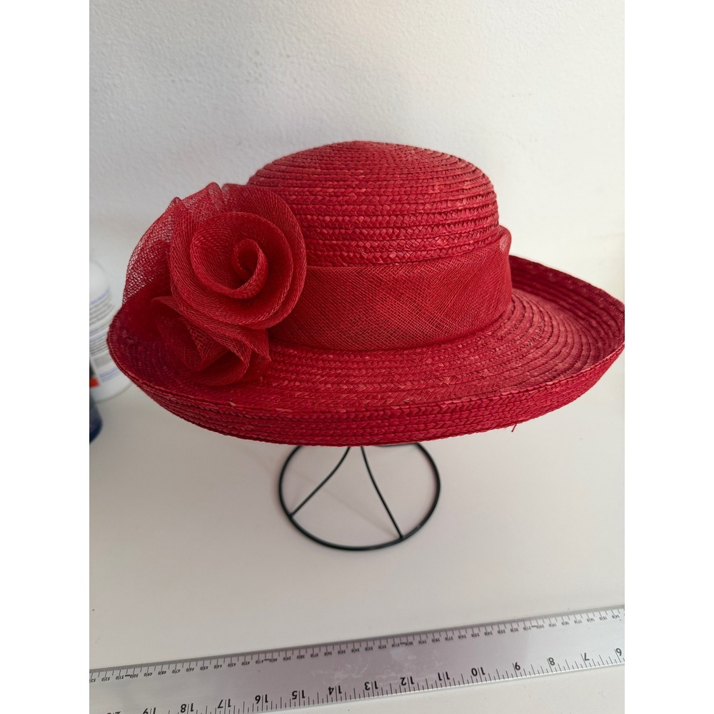 Something Special Red Natural Straw Wide Brim Floral Church Derby Sun Hat